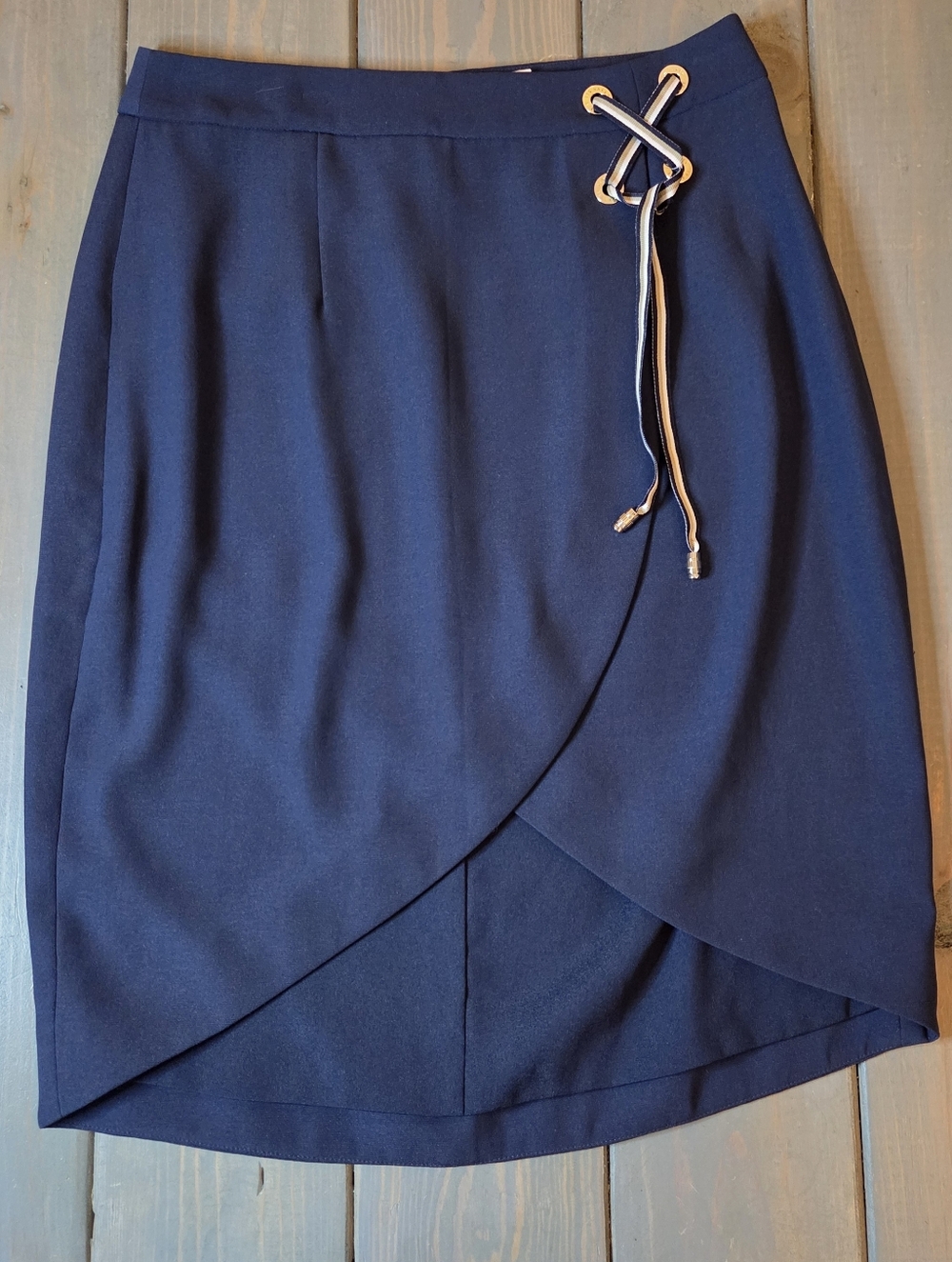 Ted Baker Faux Wrap Skirt Navy Blue Grommet Tie Detail Size 2